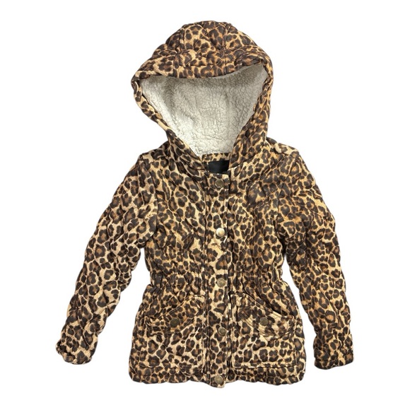 Me Jane Girl's XS 4/5 Hooded Jacket Sherpa Lining Leopard Print Pockets Zipper - Picture 1 of 5